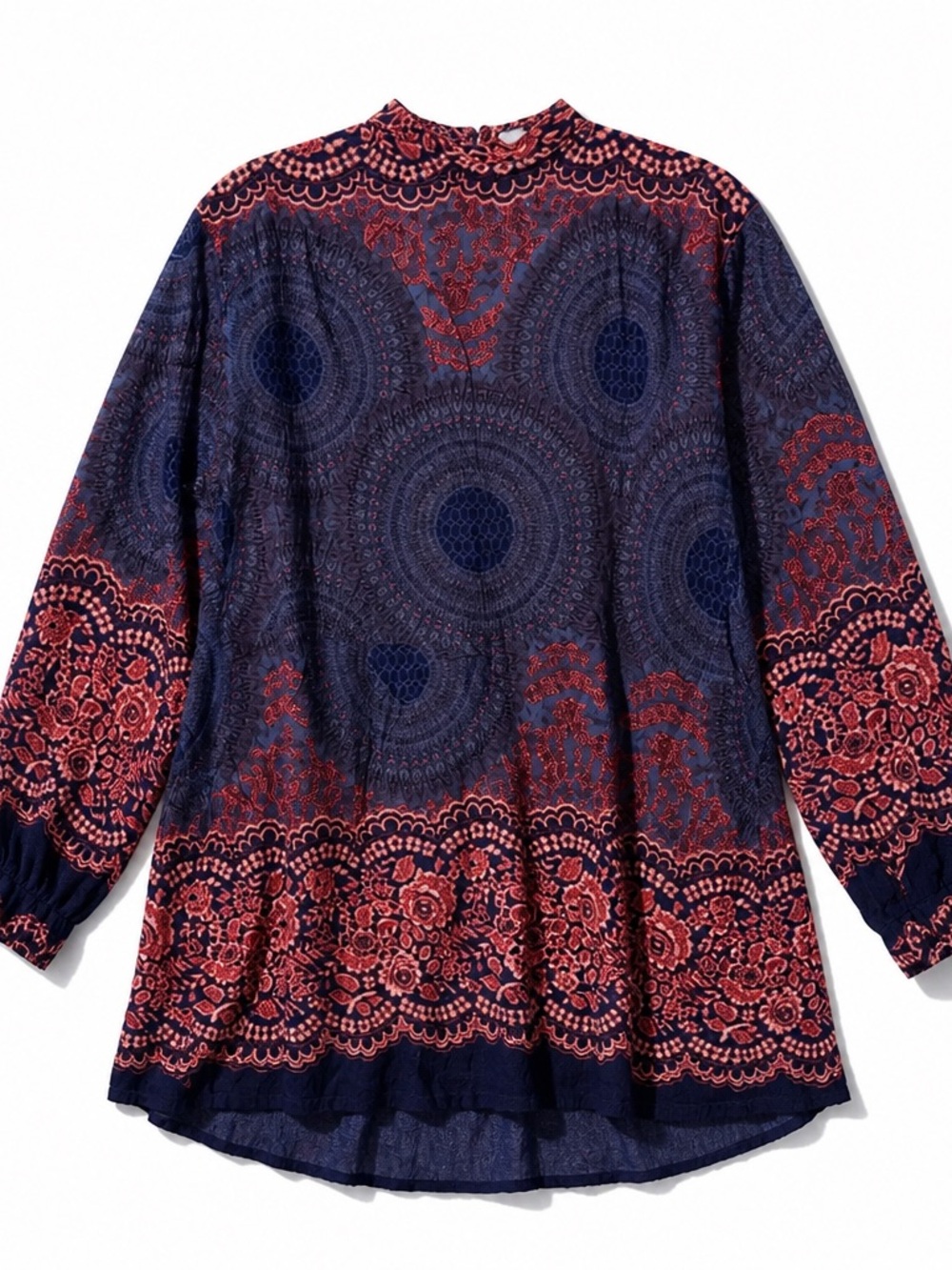 NWT! Gypsy Rose Boho Floral Long-Sleeve Tunic Dress in Navy and Coral Beautiful! - Picture 2 of 6